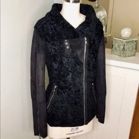 Vince Camuto Black Faux Shearling Moto Winter Coat Medium New